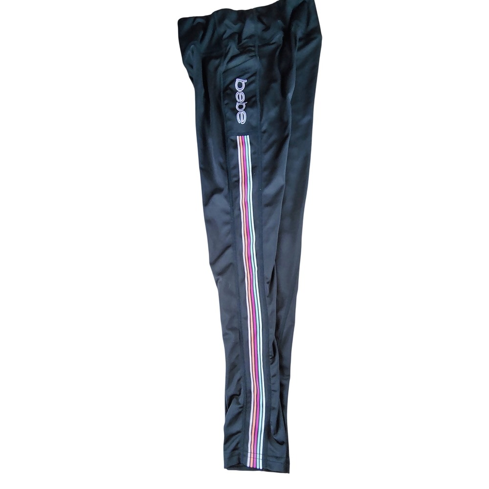 Bebe Sport Womens Black Rainbow Stripe Logo High Waist Leggings Pockets Medium